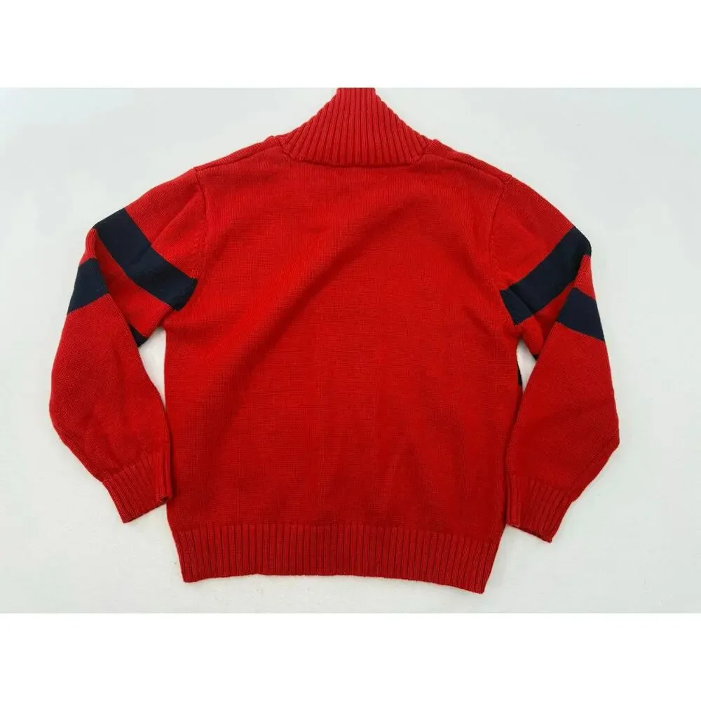 Nautica Boys Shawl Collar Cable Knit Sweater Red Navy Striped Size 6